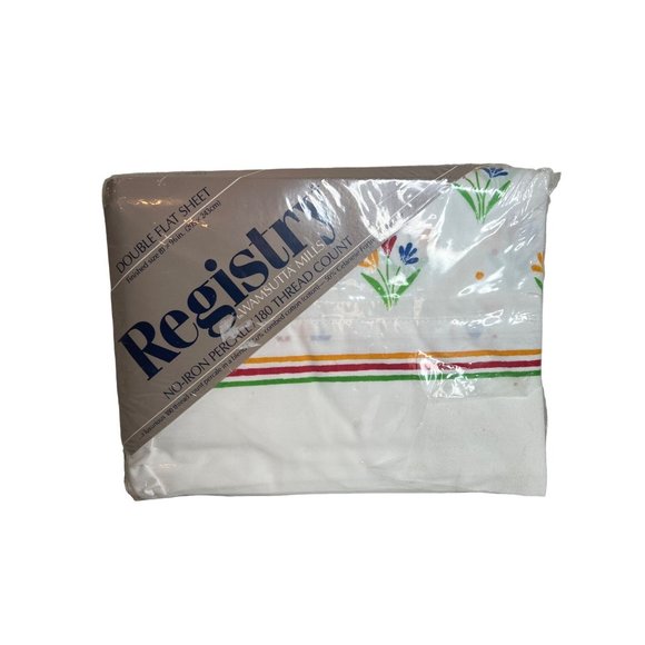 Vintage 80s Registry Double Flat Sheet Primarily Bouquets Red Yellow Blue Floral - Picture 1 of 7